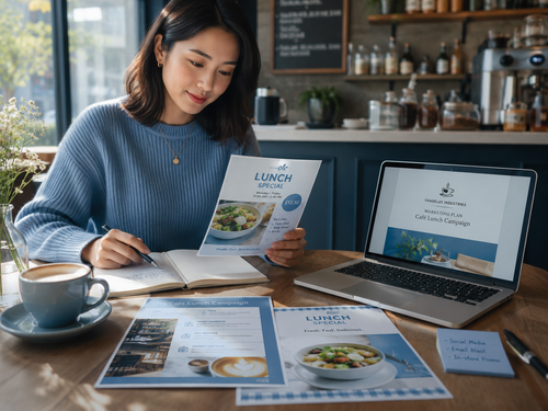 A woman seated at a café table holding several promotional flyers.