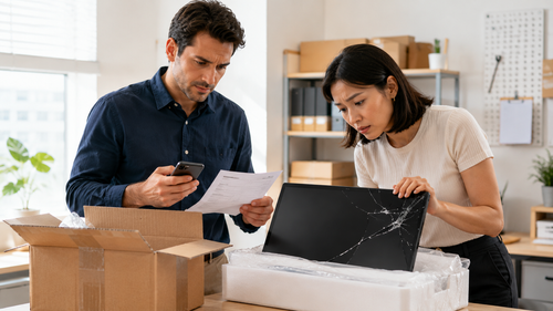 Two office workers inspect a cracked display beside an opened shipping carton while one checks a delivery document.