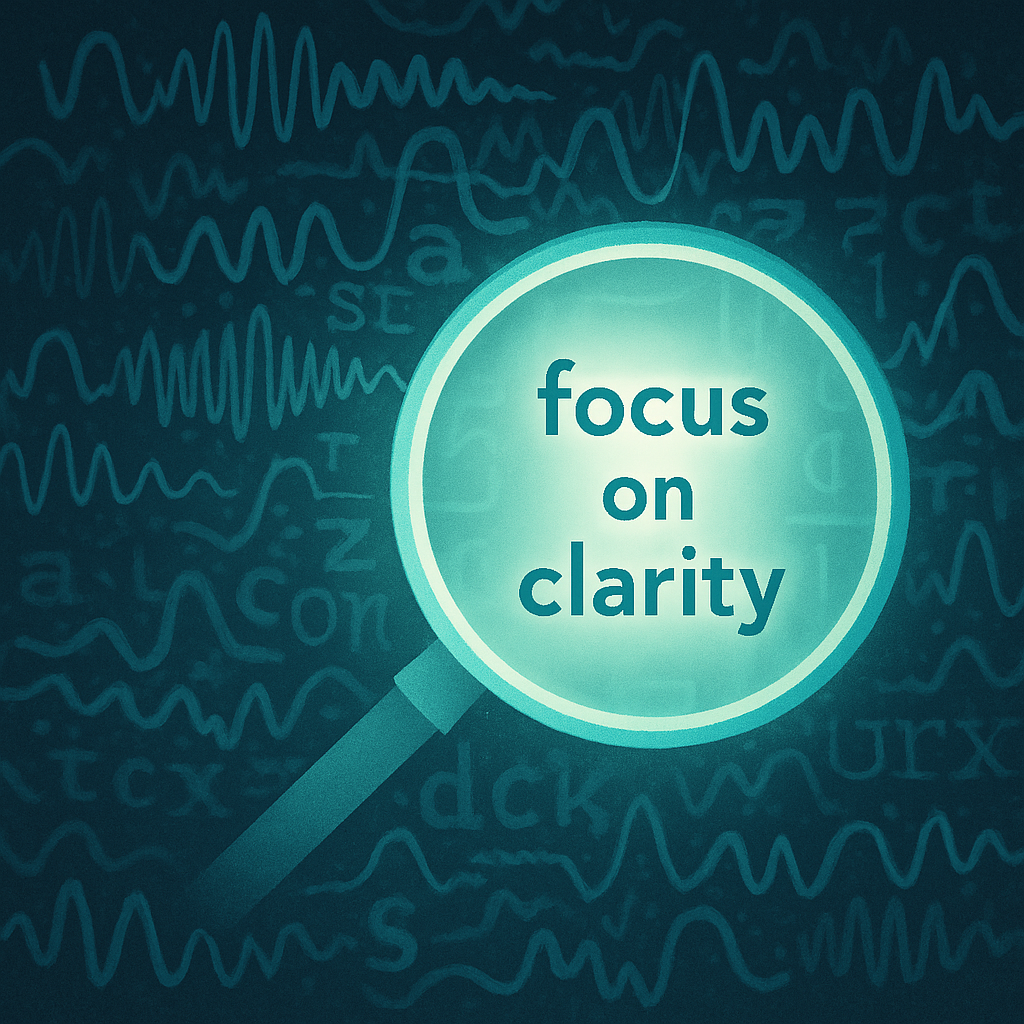 背景には音波や文字が入り混じった混沌とした渦が描かれ、前景には発光するレンズや虫眼鏡が特定の単語やパターンを鮮明に映し出している。これは、集中したリスニングとパターン認識を表している。