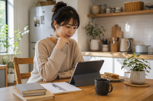 Japanese learner practising listening at a kitchen table at home.