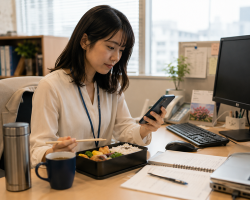 Japanese woman using a smartphone and earbuds at her office desk during lunch.