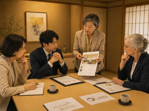 A sales representative presenting a proposal and supporting cost documents to three client managers.