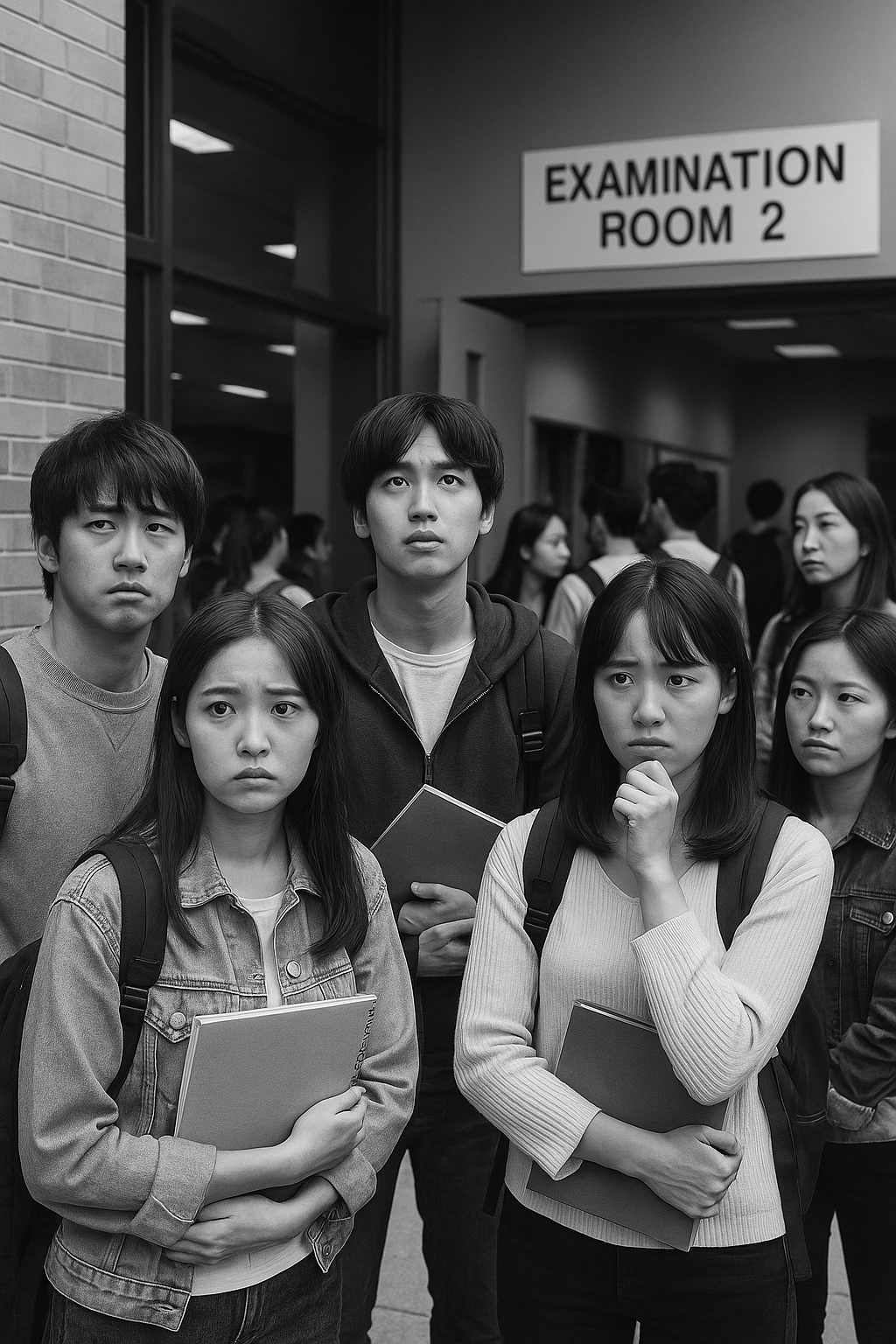 日本の大学生たちが試験会場の入口付近に集まり、ノートやリュックを手にして不安そうな表情で中に入るのを待っている。緊張感のある空気が漂っている。