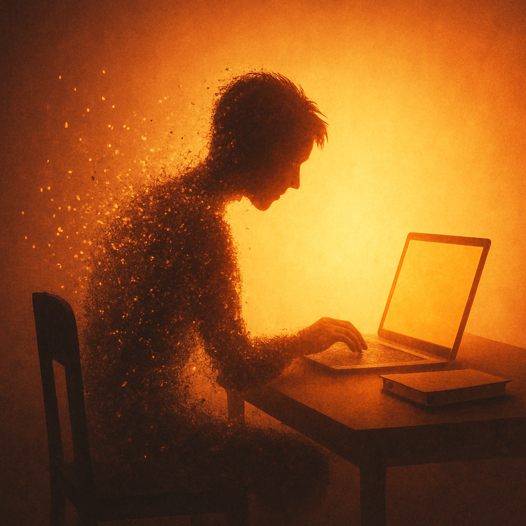 デジタルイラストでは、ノートパソコンを見つめるジェンダーニュートラルな人物が机に座っており、そのシルエットが光の粒子となって静かに崩れていきます。これは精神的な疲労とモチベーションの消失を象徴しています。背景には温かい光が差し込み、希望や回復の可能性を示唆しています。