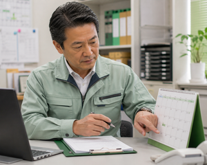 An older Japanese service coordinator reviews an installation schedule and points to an available date using green scheduling materials.