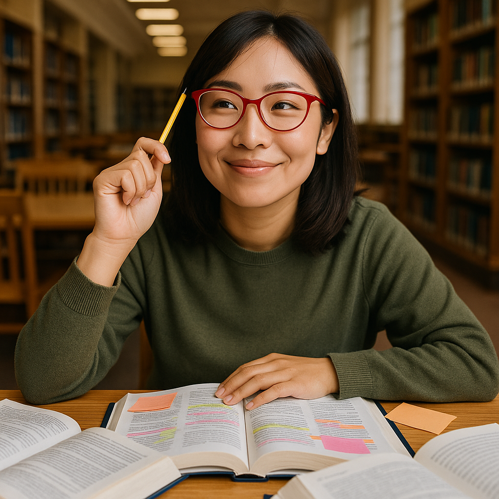 Young woman with red glasses smiling, sitting at a wooden table with open books and sticky notes, in a library.