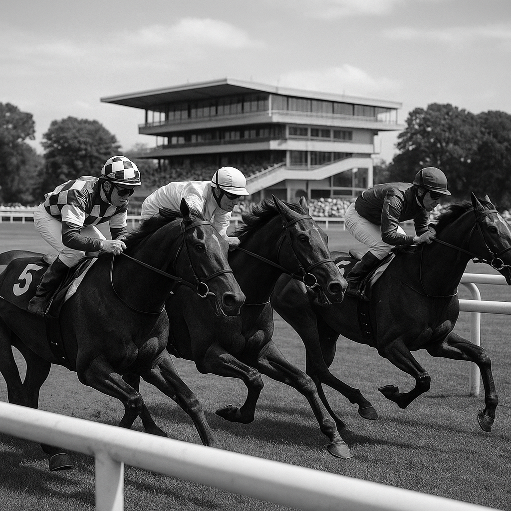 Three jockeys race side by side on galloping horses at a professional racetrack. The grandstand is visible in the background, and all the horses are mid-air in full sprint.