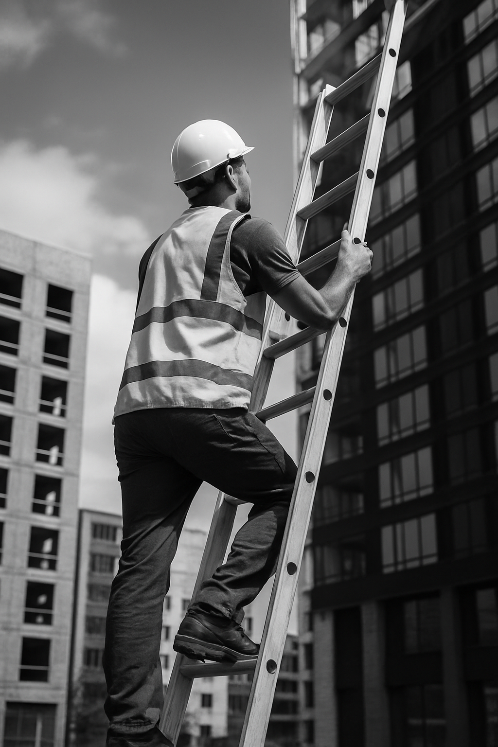 安全ヘルメットと反射ベストを着用した建設作業員が、高いハシゴを登っている白黒写真。周囲には高層ビルが立ち並び、都市部の建設現場であることがわかる。