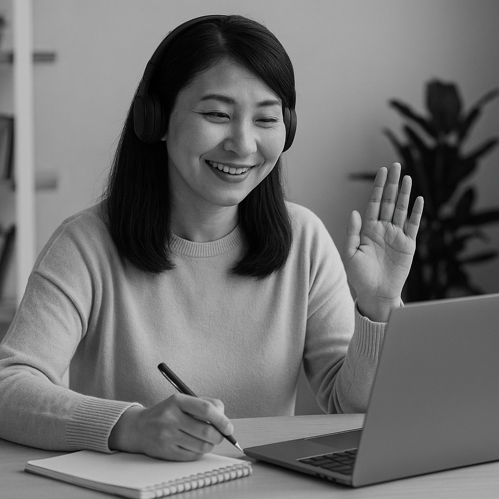 中高年の日本人女性がオンライン授業を受けながら笑顔を見せている白黒写真。ヘッドホンを着用し、ノートにペンを持ちながら、パソコンの画面と楽しそうにやり取りしている。