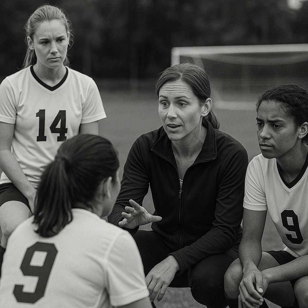 白黒写真で、ハーフタイム中に女性のサッカーコーチが選手たちに指示を出している様子が写っている。コーチは座って身振りを交えて話し、番号入りのユニフォームを着た選手たちは真剣に聞いている。