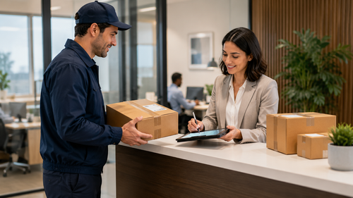 A courier presents an intact package while an office recipient signs for the redirected delivery.