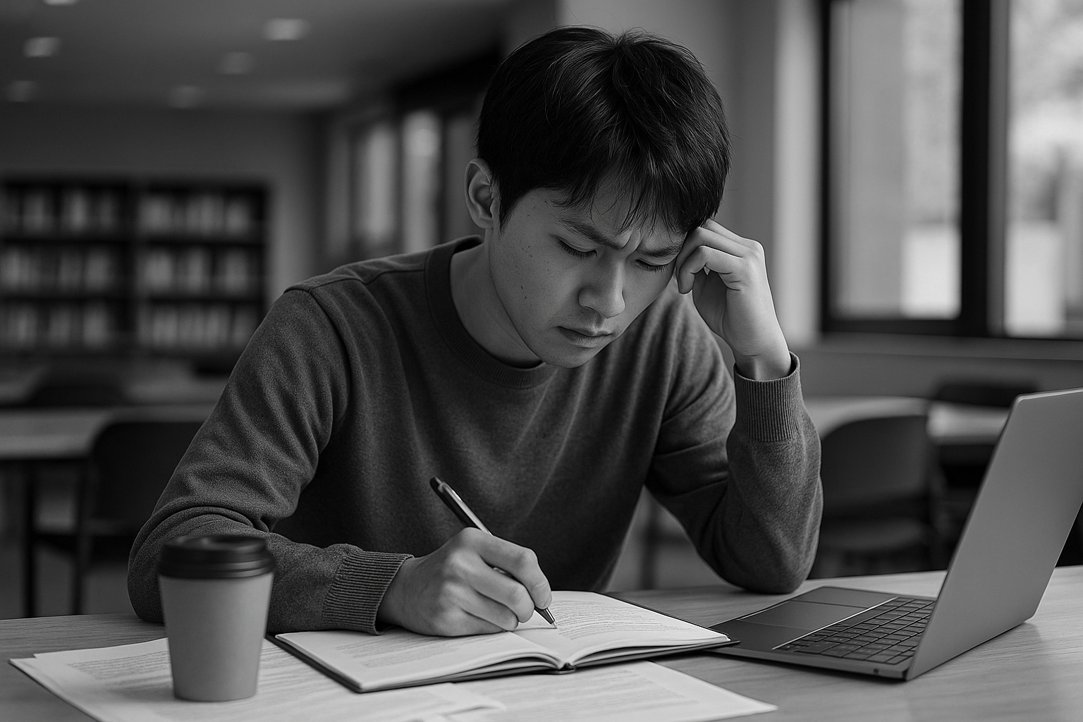 A young East Asian man is studying alone in a library, looking mentally fatigued while writing in a notebook. A laptop, coffee cup, and scattered papers are on the desk.