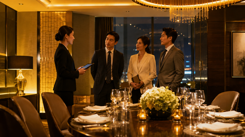 A restaurant host discusses a revised business-dinner reservation with three clients beside a larger table in a warm yellow-toned private dining room.