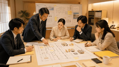 Managers reviewing a new-office floor plan before relocation.