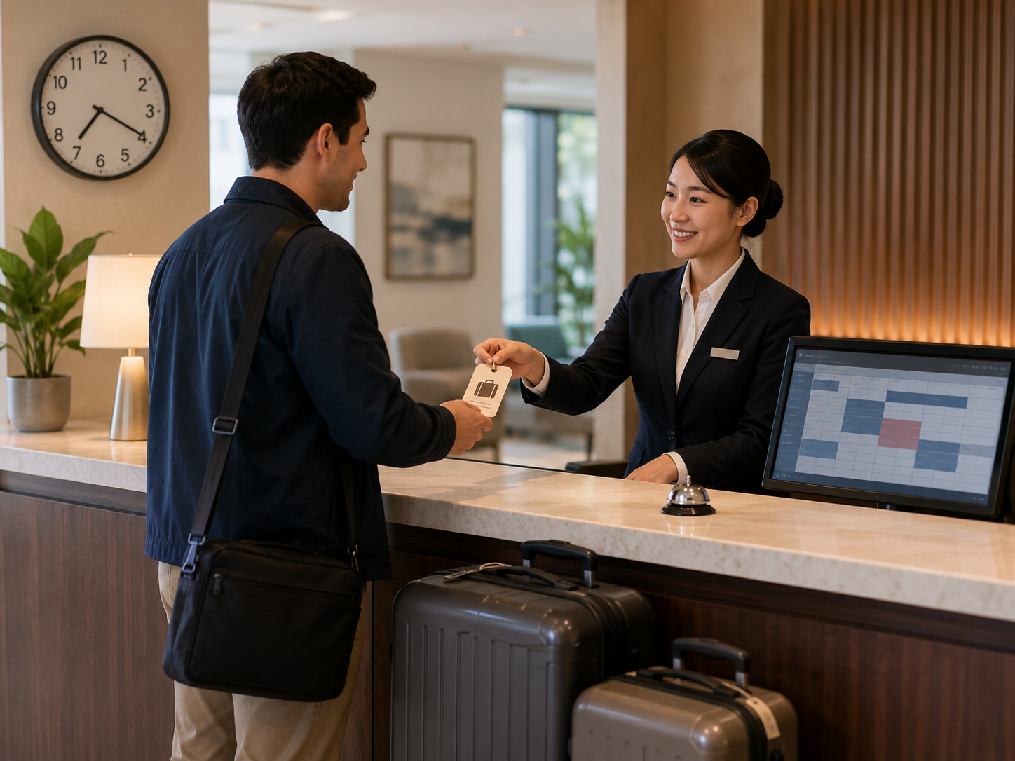 A hotel receptionist giving a luggage-storage tag to an early-arriving guest with two suitcases.