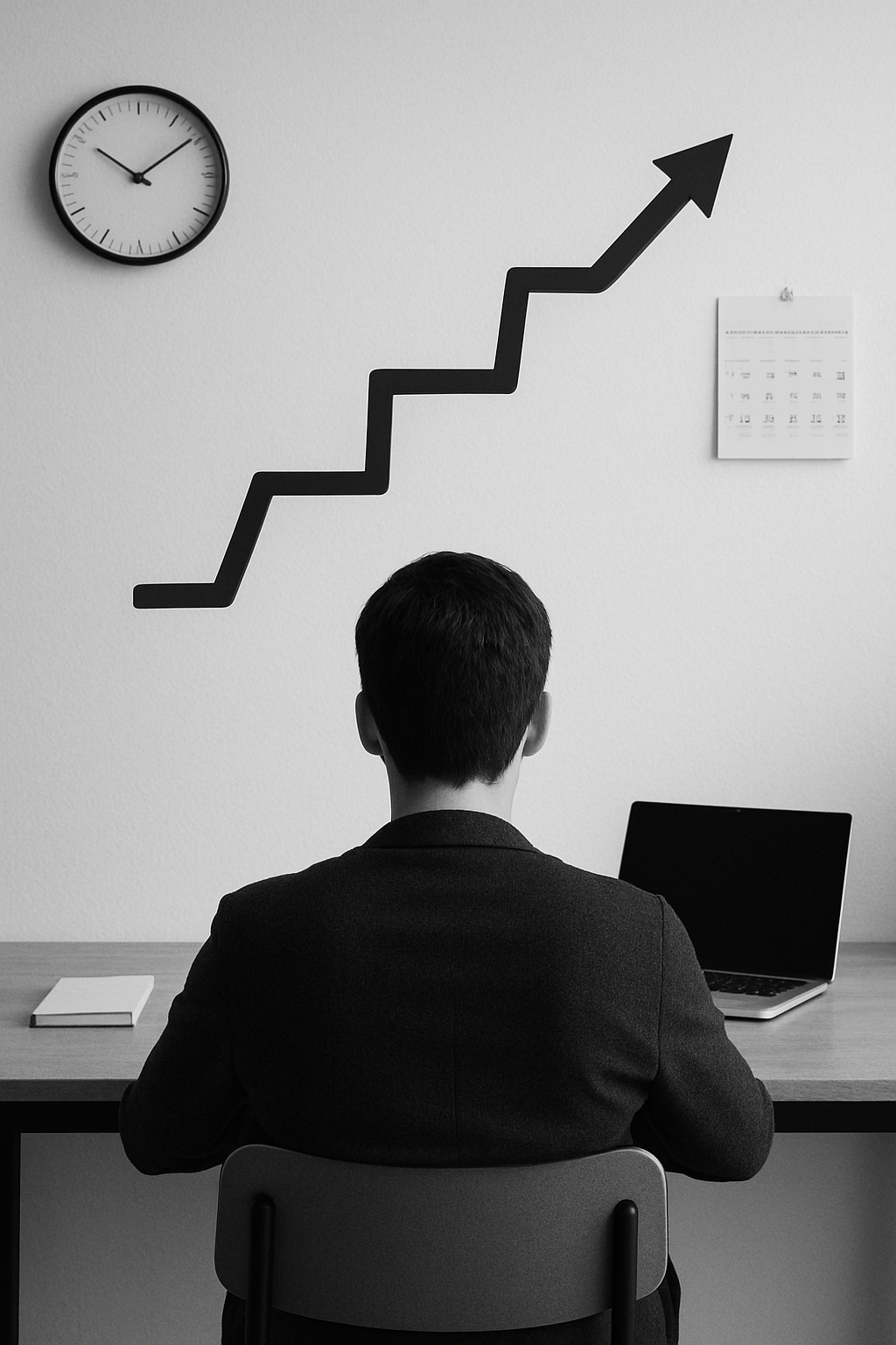 ミニマルな机に座り、ジグザグの矢印が描かれた壁を落ち着いた表情で見つめる人物の白黒写真。背景には時計とカレンダーがあり、時間管理と計画性を示している。全体的に明確さと決意が感じられる雰囲気。