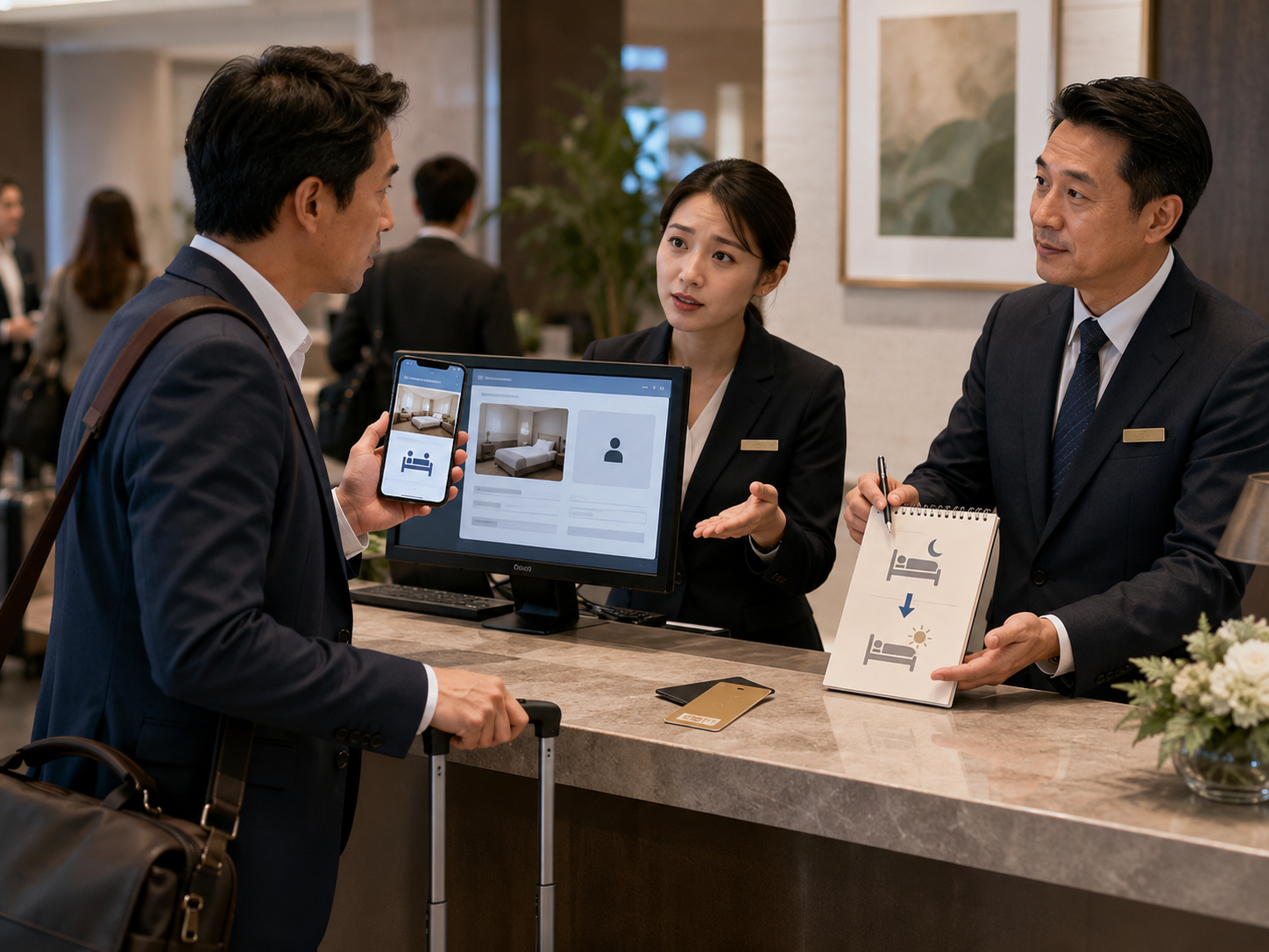 A business traveller showing a double-room confirmation while hotel staff explain a temporary room change.