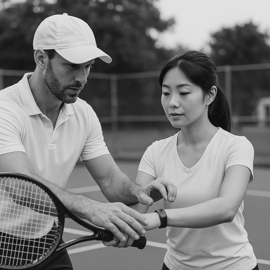 屋外のテニスコートで、テニスコーチが日本人女性選手のグリップの持ち方を丁寧に指導している白黒写真。コーチは真剣な表情で手取り足取りアドバイスしている。