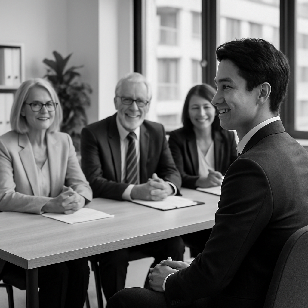 スーツを着た自信に満ちた日本人男性が、現代的なオフィスで面接を受けている白黒写真。3人の面接官がテーブル越しに座り、笑顔で好意的に応じている。