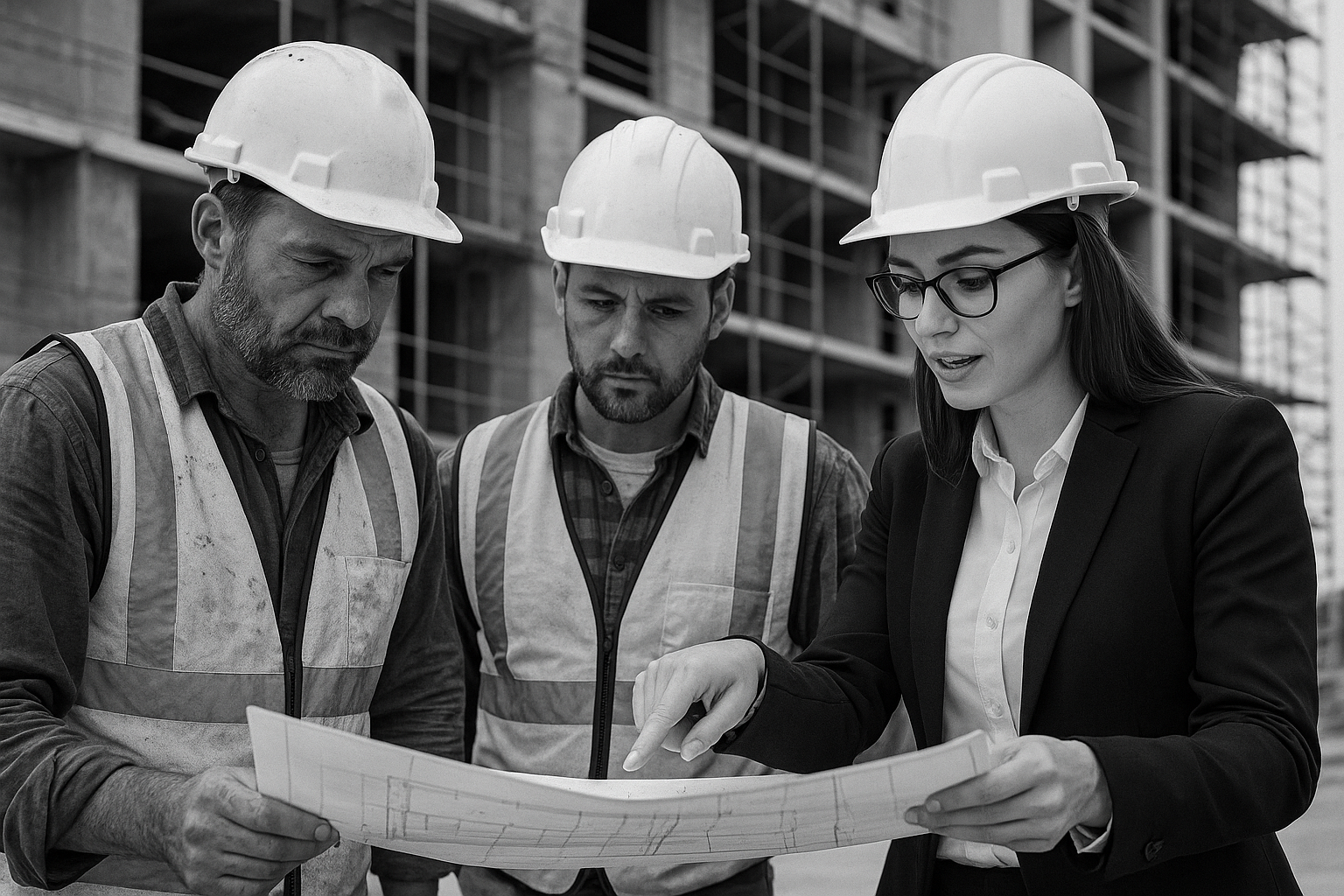 白黒写真で、眼鏡とヘルメットを着用した女性建築士が、反射ベストを着た2人の疲れた表情の作業員に設計図を見せながら説明している。3人は建設現場で真剣に話し合っている。