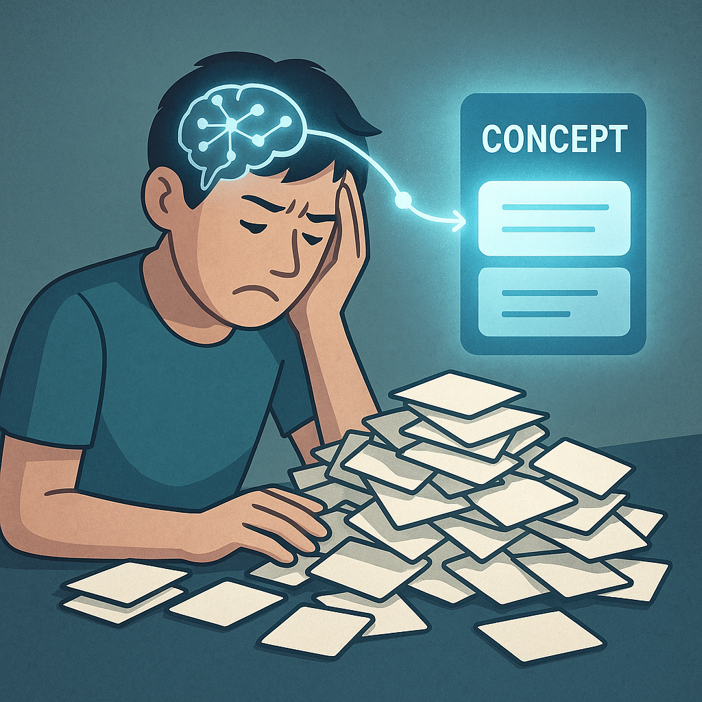 デジタルイラストで、性別不明の人物がラベルのないフラッシュカードの山を前にして困惑した表情を浮かべている。頭からは光る神経回路が一本の明確にラベル付けされたブロックへとつながっており、無秩序な暗記から構造的な理解への変化を象徴している。