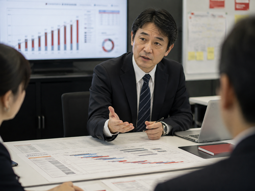 A senior project director leading a recovery meeting with colleagues, a large project schedule on the table and a risk/progress chart on a screen.