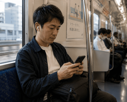Japanese commuter using a smartphone and earbuds on a train.