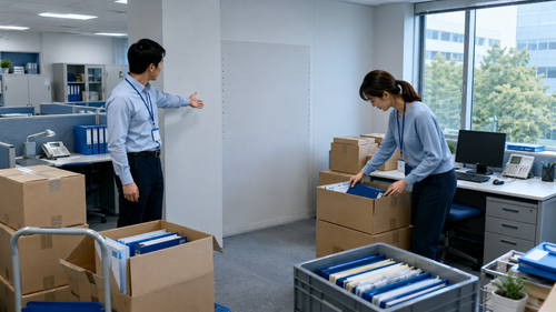 Employees checking a new workspace after an internal office move.