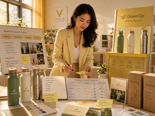 A female product marketer preparing a GreenSip reusable-bottle launch with product prototypes, launch notes, packaging and channel-comparison material.