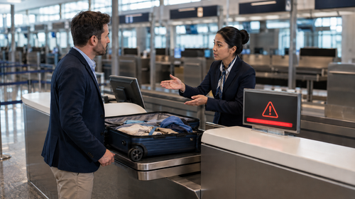 Adult traveller and check-in agent discuss an overweight suitcase on an airport baggage scale.
