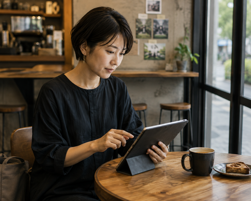 Japanese woman using a tablet in an independent cafe.