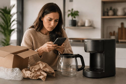 A customer photographs a cracked coffee pot beside its delivery box.
