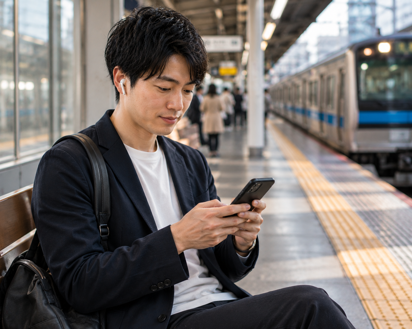 Japanese learner wearing earbuds and practising listening while waiting at a station.