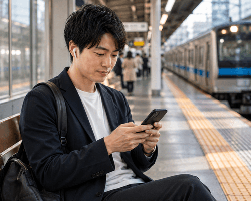 Japanese learner using a smartphone and earbuds while waiting safely away from the train platform edge.