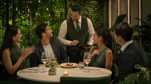 A server checks a birthday dessert request with a group of diners in a green-toned garden restaurant.