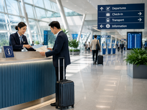 Business travellers navigating an airport and transport services