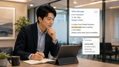The phrase “arrived early” appears in a workplace message rather than as an isolated translation.