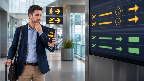 遅延とターミナル変更の後、成人の旅行者がスマートフォンの通知と空港の出発案内表示を比較している場面。