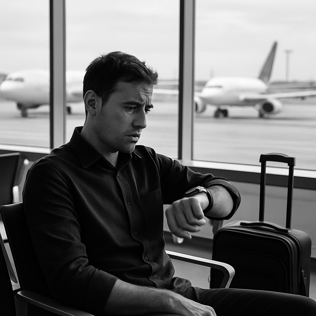 空港の出発ロビーで1人座り、腕時計を確認しながら少し不安そうな表情を浮かべる男性の白黒写真。背後の大きな窓の外には、搭乗準備の整った飛行機が見える。