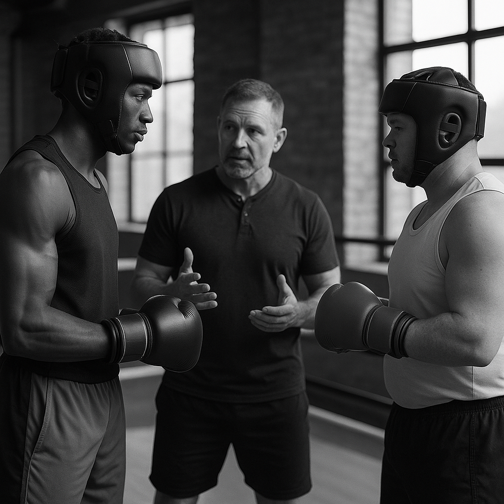 ボクシングジムのリングで向かい合って立つ2人のボクサーと、その間で指導するコーチの白黒写真。1人は背が高く細身で、もう1人はがっしりとした体格。スパーリング前の集中したトレーニングの雰囲気が伝わる。