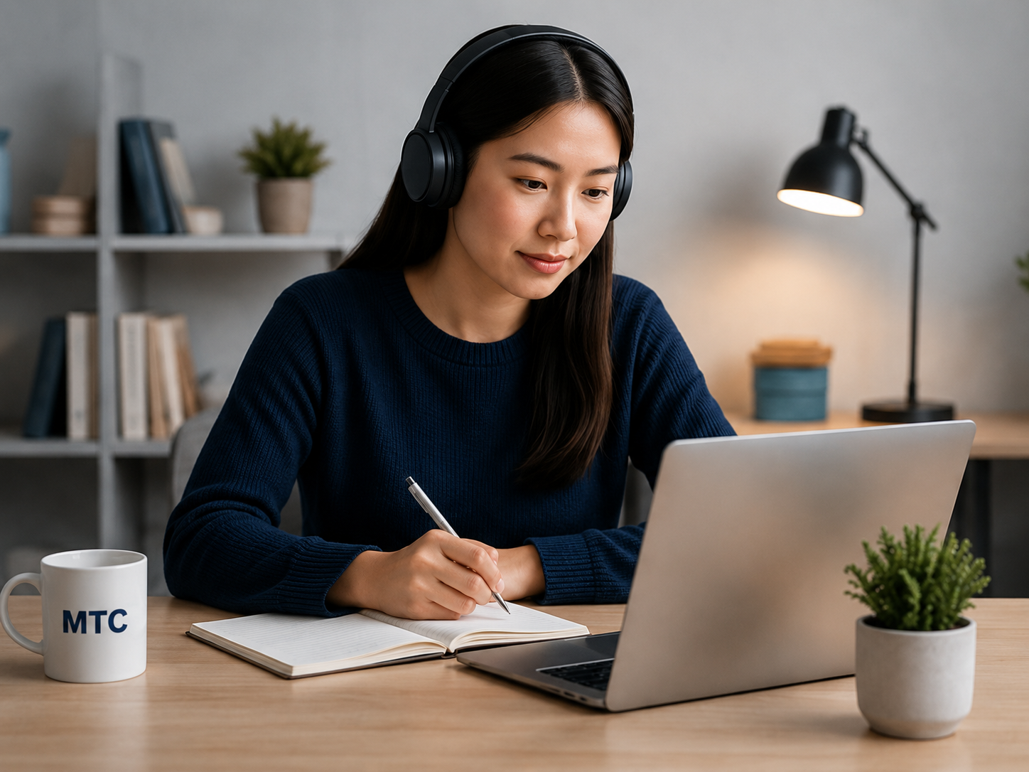 Japanese learner wearing headphones and practising listening on a laptop.