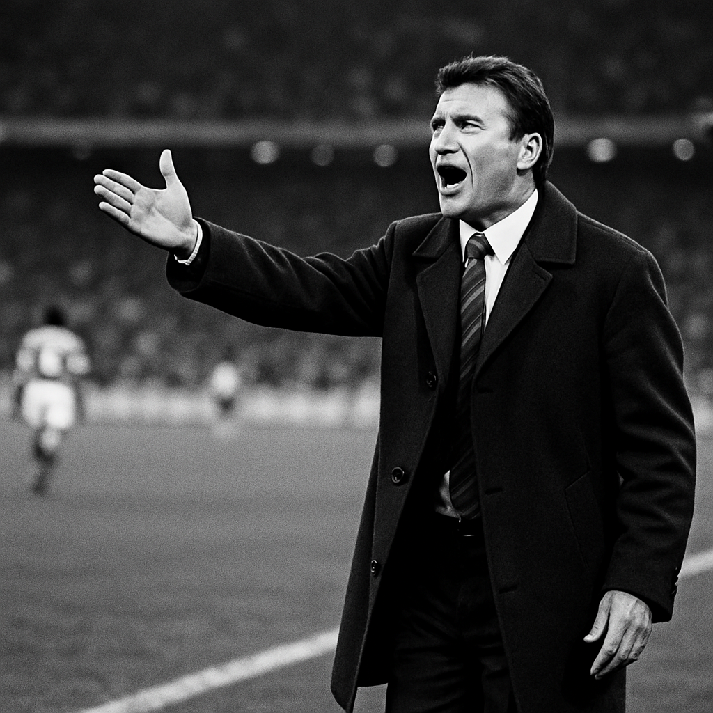 この画像は、プロの試合のサイドラインで選手に声援を送るサッカーコーチの様子を捉えています。彼の姿勢と手の動きからは、チームを導こうとする強い意志と情熱が伝わります。白黒スタイルが感情と臨場感を際立たせています。