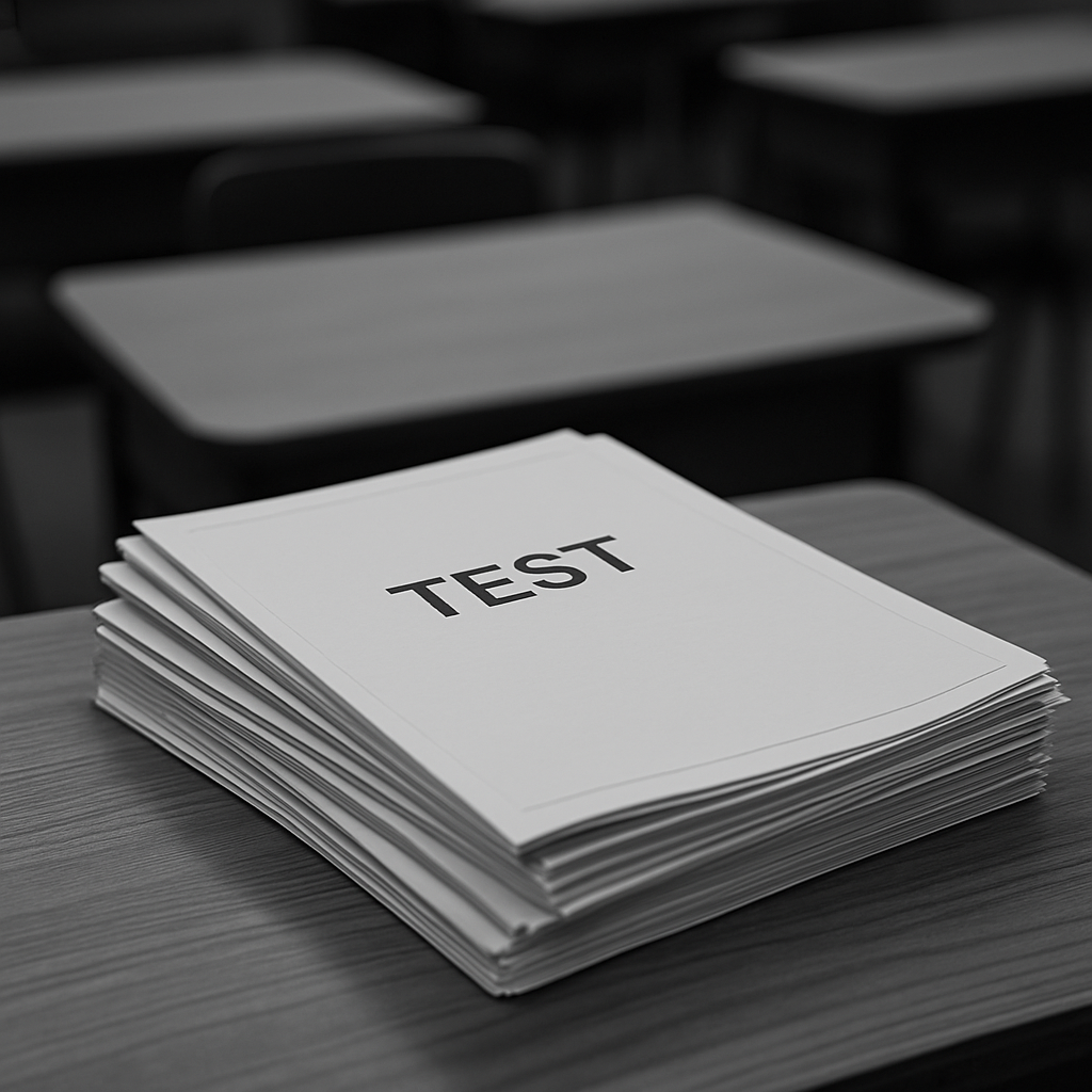静かな教室の木製の机の上に整然と積まれた未開封のテスト冊子の白黒写真。受験者に配布されるのを待っている様子。