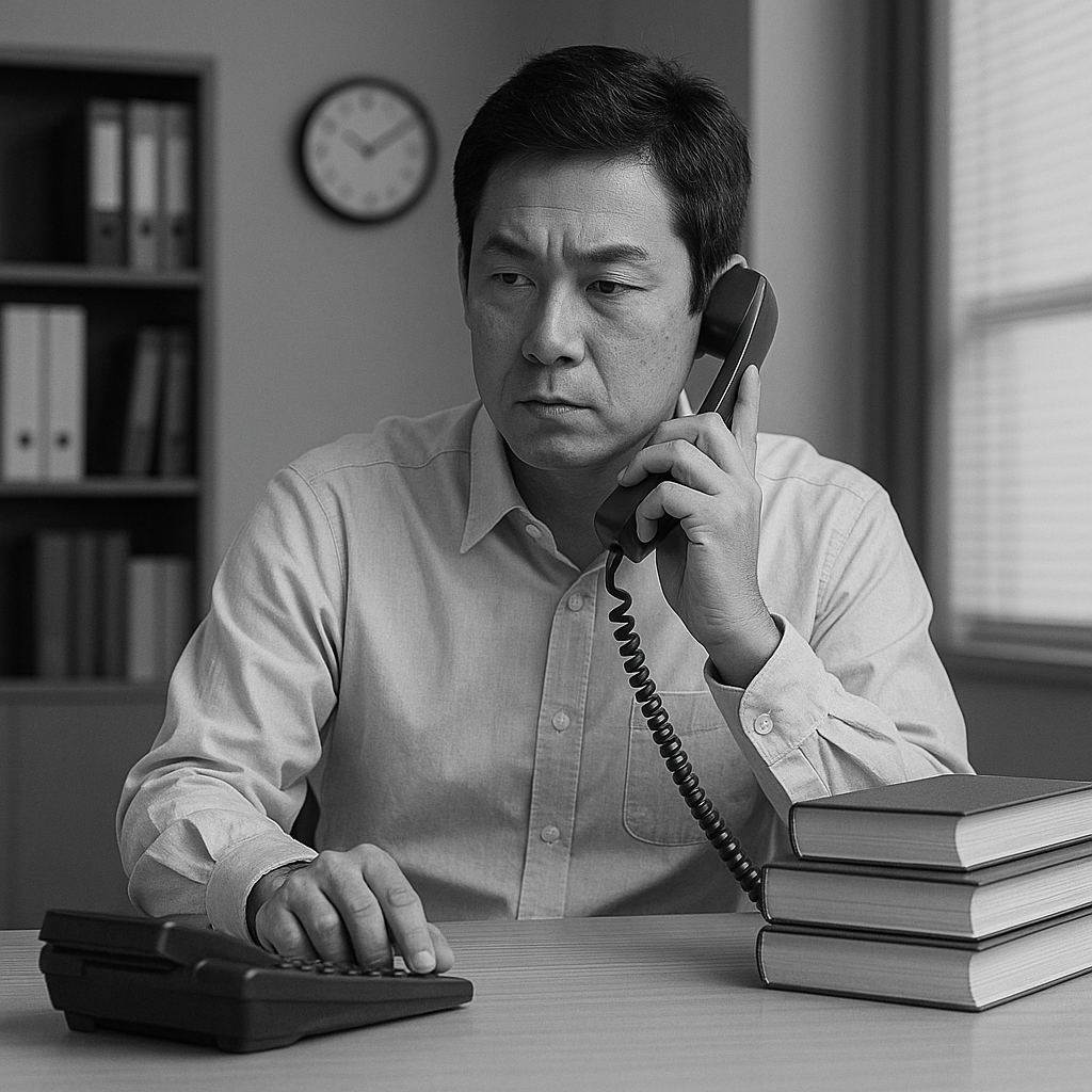 日本人男性がオフィスの机で電話を持ちながらボタンを押している。机の上には本が積まれ、後ろの壁には時計がかかっている。