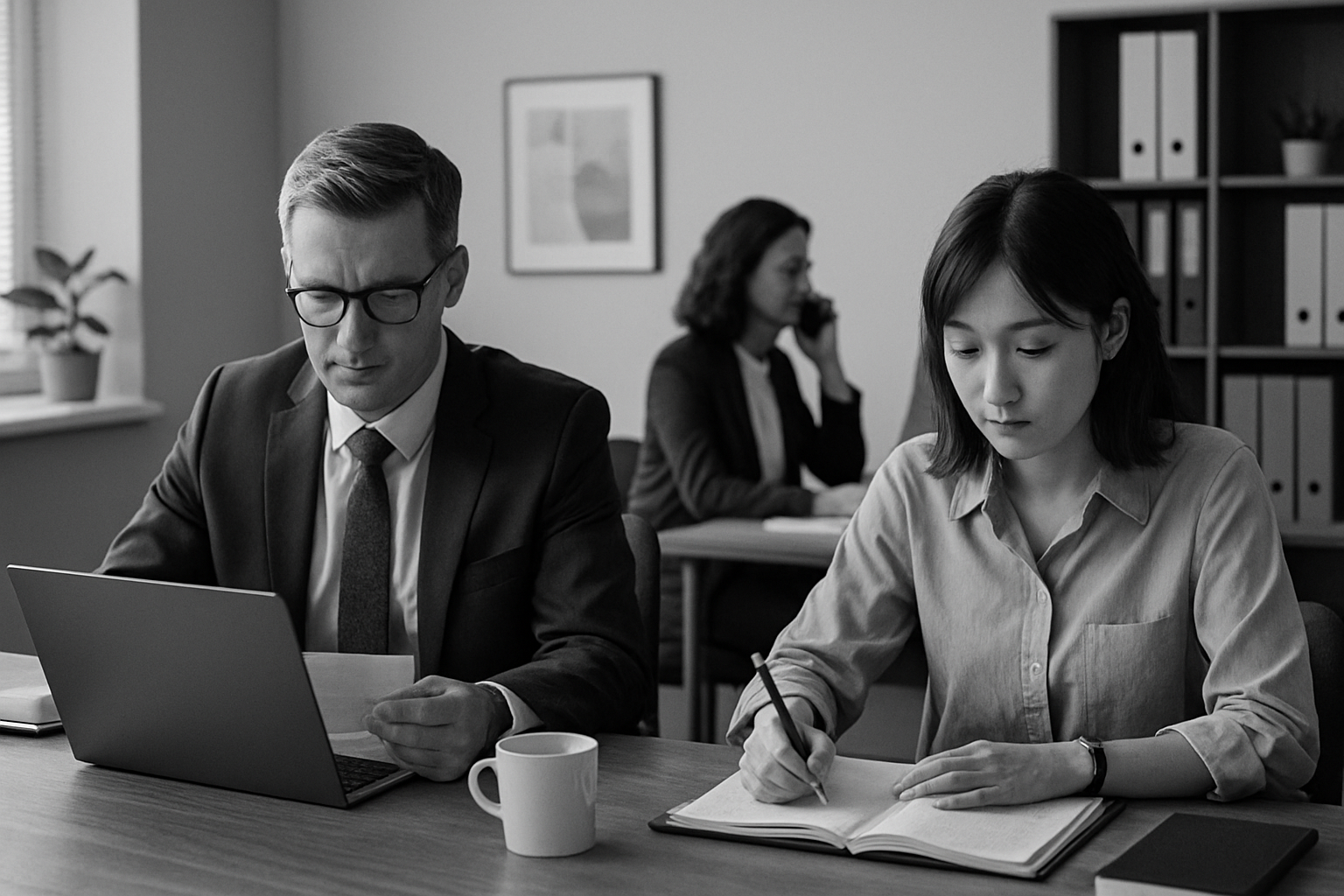 A Japanese office worker is sitting at a desk in a quiet office, holding a pen and looking thoughtful. There are documents, a coffee cup, and a computer monitor on the desk.