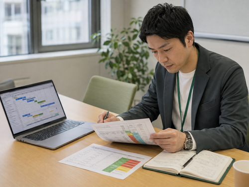 A professional reviewing a laptop project schedule and printed planning sheets while writing notes.