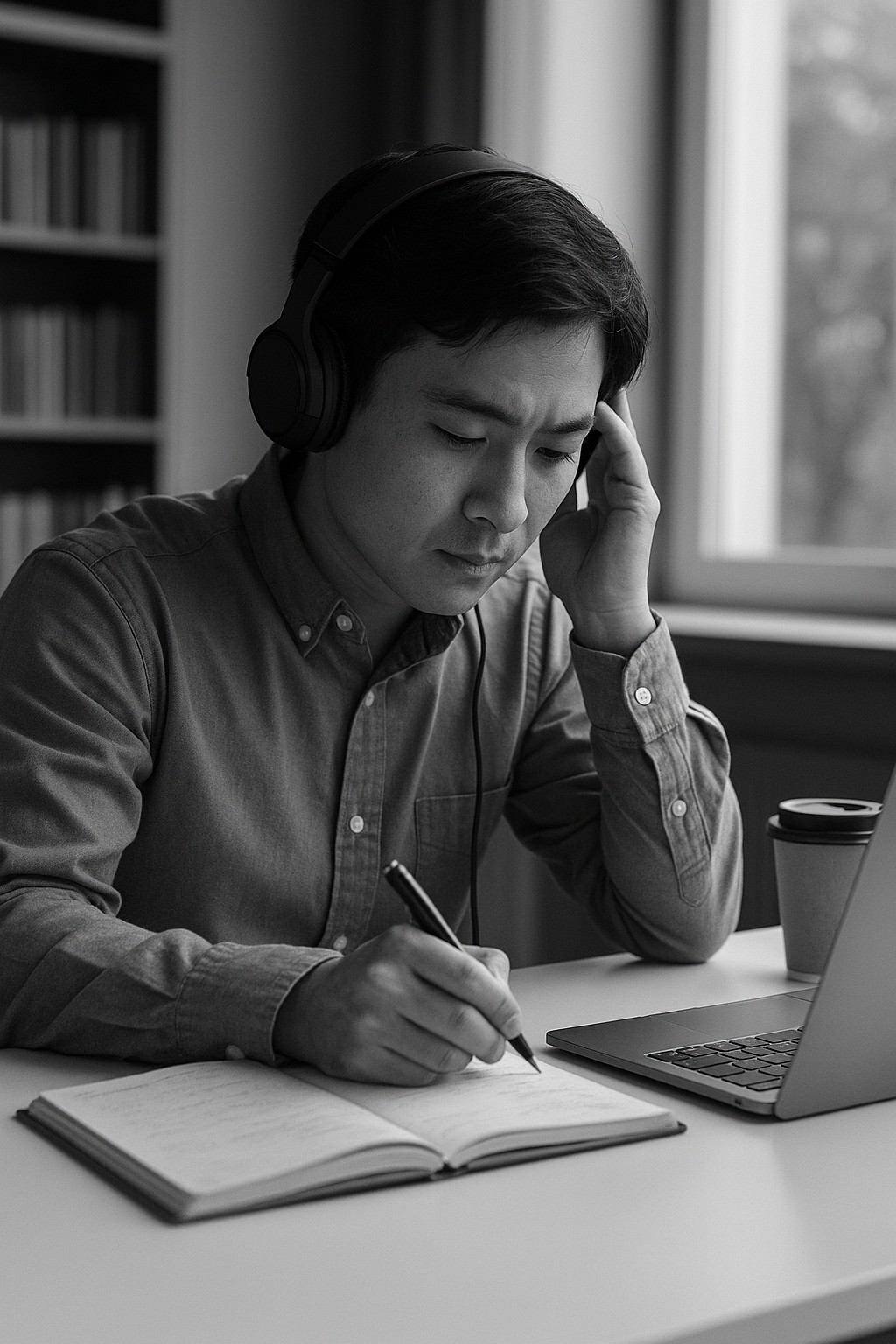 A black and white image of a Japanese man sitting at a desk studying for the TOEIC test