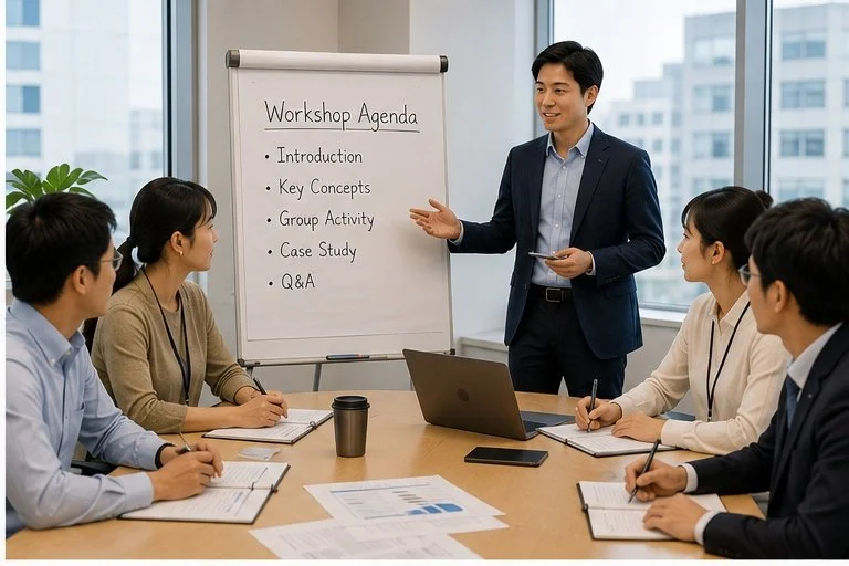 An instructor leads a workplace workshop while employees take notes around a meeting table.