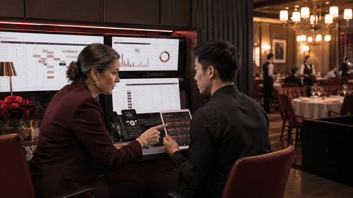 A restaurant manager and staff member review an integrated booking, order and billing system in a burgundy-toned operations area.
