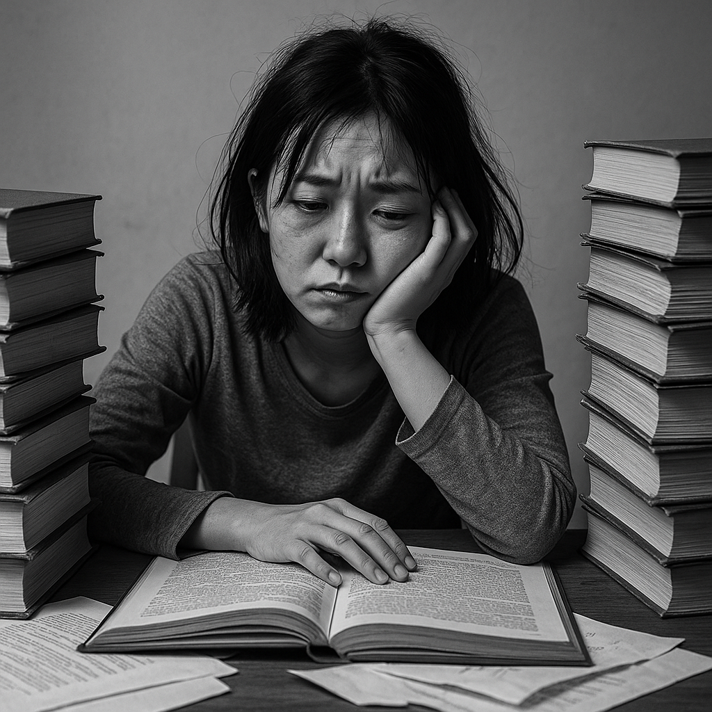 徹夜で勉強し続けた日本人女子学生が、散らかった机に座り、疲れた表情を浮かべている。